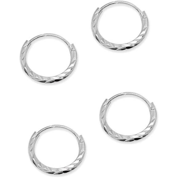 2 Pair Set Sterling Silver Diamond-Cut Tiny Small Endless Thin Round Unisex - Picture 3 of 6